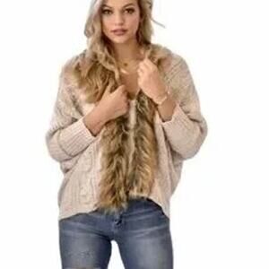 Military Hippie Faux Fur Open Knit lace up back Sweater One Size